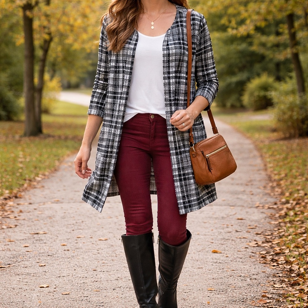 SHEIN Curve Black Blue White Plaid Open Front Cardigan Duster 4XL